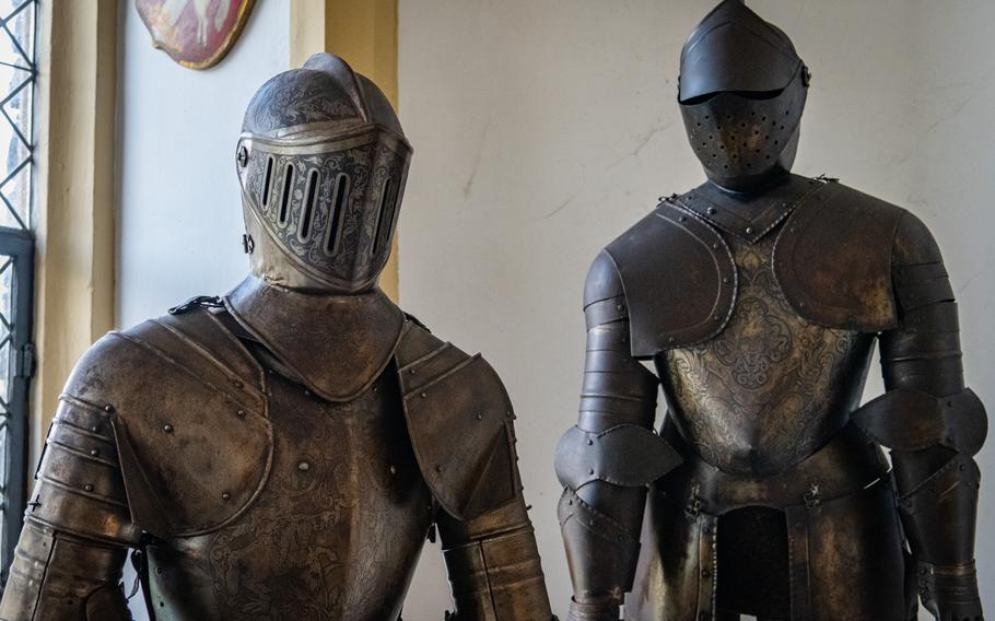 The Squire’s Hall at Rheinstein Castle includes suits of armor. Rheinstein is the southernmost of four castles promoted in the Legendary Rhine Romance mobile app.