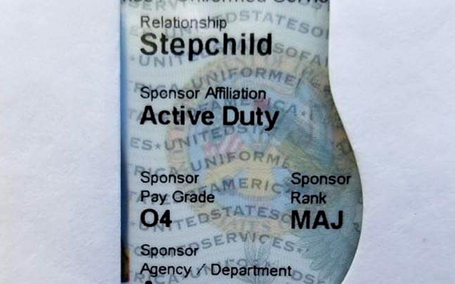 New Defense Department identification cards for military dependents display relationships more prominently than past versions, including the word stepchild for children who are not biological or adopted offspring of their military sponsor.