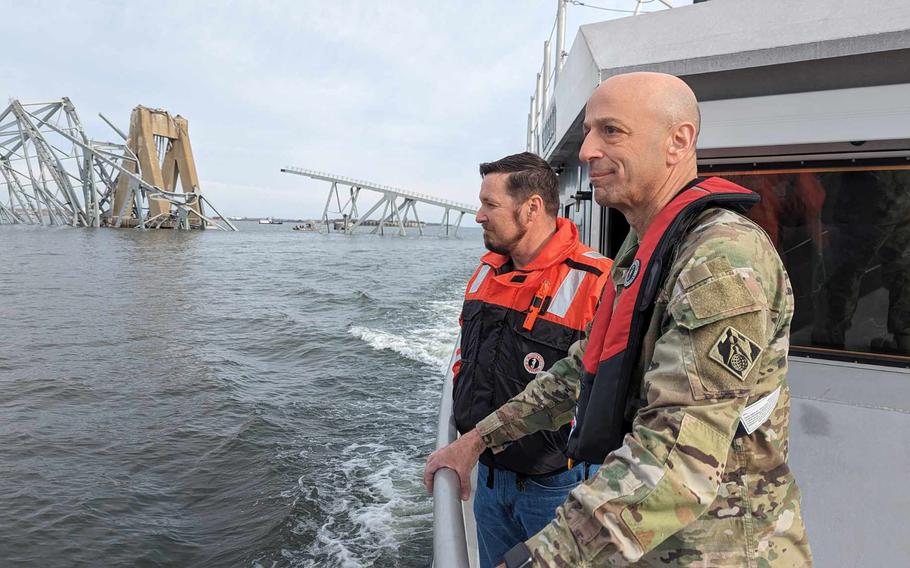 U.S. Army Corps of Engineers Chief of Engineers Lt. Gen. Scott Spellmon views damage of the fallen Francis Scott Key Bridge that collapsed in Baltimore, Tuesday, March 26, 2024. USACE will lead the effort to clear the channel as part of the larger interagency recovery effort to restore operations at the Port of Baltimore.