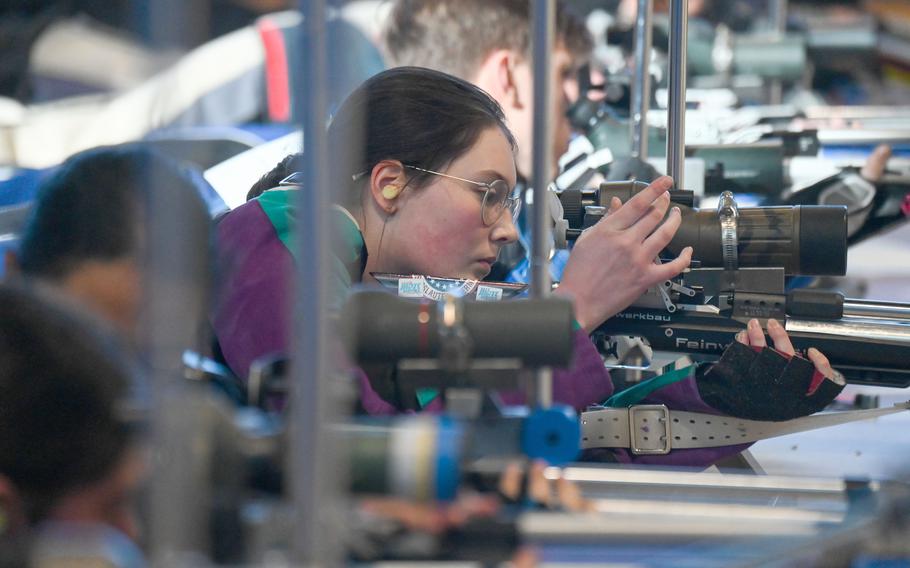 Kaiserslautern’s Katelynn McEntee reloads her rifle during the prone portion during the DODEA-Europe marksmanship championship at Ansbach Middle High School on Jan. 27, 2024. McEntee finished with a a team-high score of 576.  