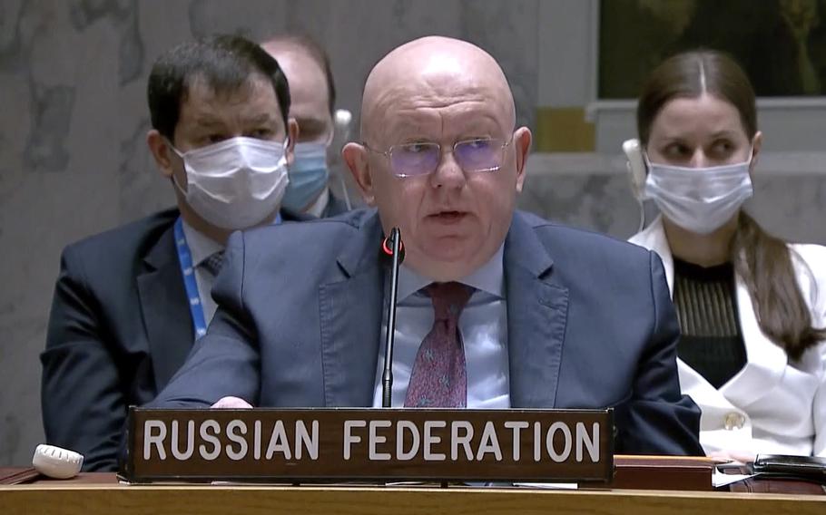 Russian Ambassador to the United Nations Vasily Nebenzya speaks during a Security Council meeting, Friday, March 11, 2022, at UN headquarters. The Russian request for the Security Council meeting followed a U.S. rejection of Russian accusations that Ukraine is operating chemical and biological labs with U.S. support. 