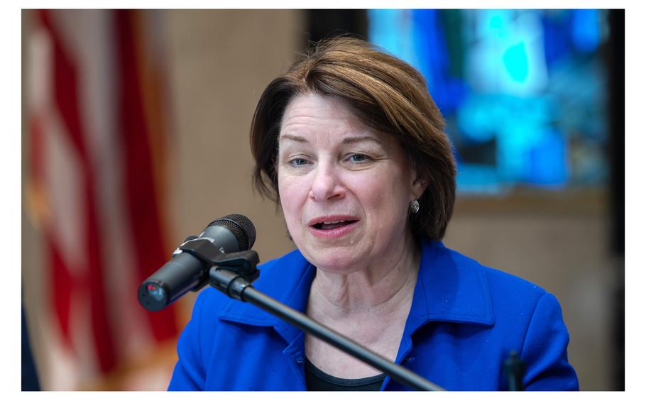Sen. Amy Klobuchar, D-Minn., speaks during an event Thursday, Feb. 8, 2024, at the headquarters of the Veterans of Foreign Wars in Washington, D.C., as she urged members of Congress to pass an amendment that would provide a path out of immigration limbo for tens of thousands of Afghan refugees.