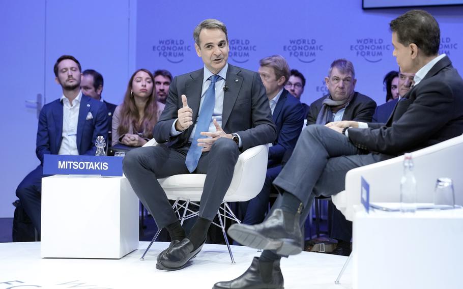 Kyriakos Mitsotakis, Prime Minister of Greece, speaks at the World Economic Forum in Davos, Switzerland Thursday, Jan. 19, 2023. The annual meeting of the World Economic Forum is taking place in Davos from Jan. 16 until Jan. 20, 2023.