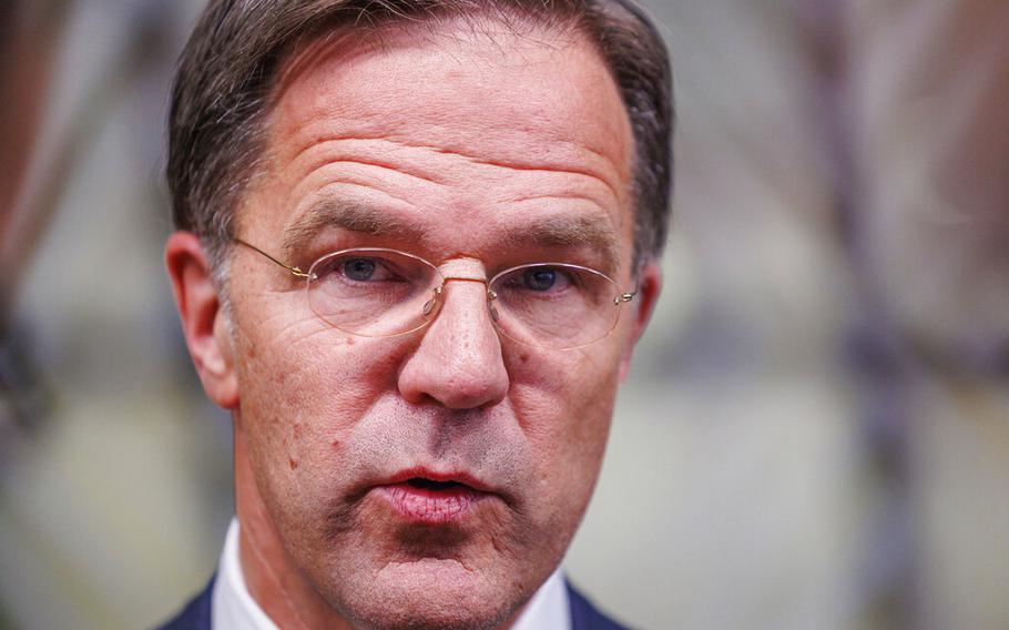 Dutch Prime Minister Mark Rutte attends a briefing at the Europa building in Brussels on May 30, 2022.