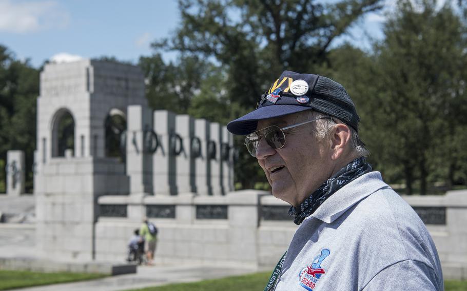 Navy veteran Steve Williams takes in the sights at the World War II Memorial in Washington, D.C., on Wednesday, Aug. 18, 2021, at the conclusion of an Honor Flight ceremony that paid tribute to veterans from World War II, the Korean War and the Vietnam War.