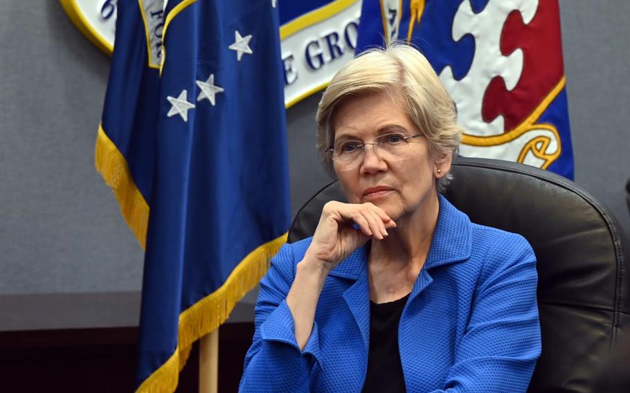 Sen. Elizabeth Warren, D-Mass., visits Hanscom Air Force Base outside Boston, Aug. 3, 2023.