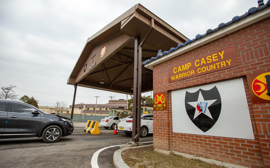 Vehicles line up to enter Camp Casey, South Korea, Feb. 26, 2020. 