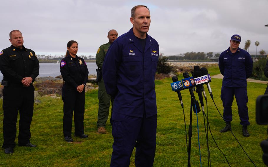 James Spitler, commander of U.S. Coast Guard Sector San Diego, spoke to news reporters outside San Diego Lifeguard Headquarters on Sunday about eight people reported dead after a suspected smuggling boat capsizes off Black’s Beach late Saturday. 