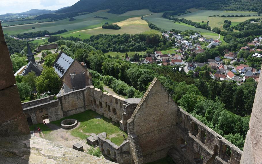 The landscape below Lichtenberg Castle is seen from the top of a watch tower on the castle grounds. 