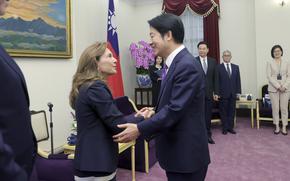In this photo released by the Taiwan Presidential Office, Lisa McClain, left, secretary-general of the Republican Caucus of the U.S. House of Representatives meets with Taiwan President-elect and Vice President Lai Ching-te in Taipei, Taiwan on Tuesday, April 23, 2024. McClain and Democratic Congressman Dan Kildee jointly led a cross-party group of lawmakers to visit Taiwan from April 23 to 25 . Members also include Mark Alford, a member of the House Armed Services Committee. 