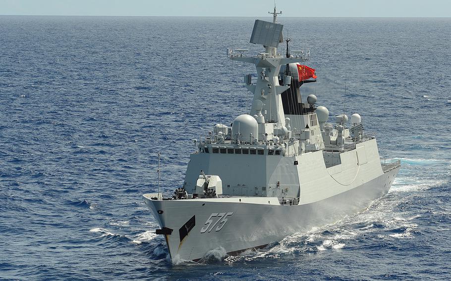 A Russian-Chinese flotilla of 11 ships that included two Jiangkai II-class destroyers, such as this one seen during RIMPAC 2014, were spotted near the Miyako Strait on Aug. 17, 2023. 