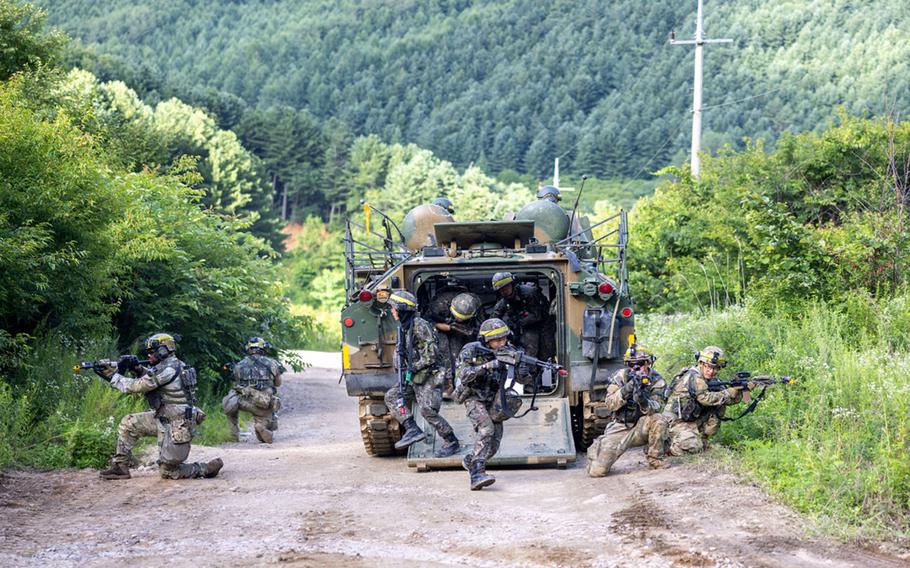 U.S. soldiers from the 1st Armored Brigade Combat Team, 1st Armored Division train with their South Korean counterparts during an 11-day exercise at the Korean Combat Training Center in Gangwon Province, South Korea.