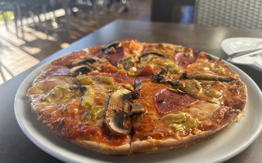 The Mix pizza at the Pegasus Pizzeria in Weiden, Germany, comes with salami, mushrooms and pepperoncini. The pizza pictured is 26 centimeters.