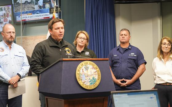 Tallahassee, FL, September 30, 2022 - Florida Governor Ron DeSantis giving a briefing on Hurricane Ian recovery with FDEM Director Kevin Guthrie, FEMA Administrator Deanne Criswell, USCG Liaison Captain Paul Rooney and FEMA Region 4 Administrator Gracia Szczech. Robert Kaufmann/FEMA