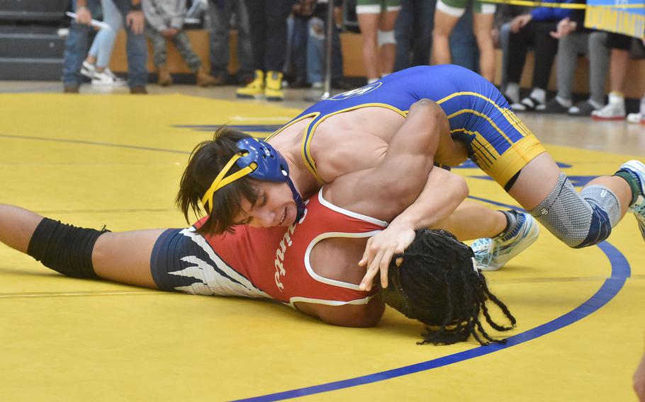 Wiesbaden’s Munro Davis defeated Aviano’s Antonio Brown 15-0 in the semifinals Saturday, Feb. 10, 2024, before going on to win the title at the DODEA European Wrestling Championships in Wiesbaden, Germany.