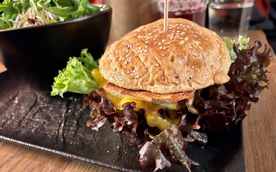 The "Veggie-Magic" burger at Bruno's in Neustadt an der Weinstrasse, Germany, Nov. 13, 2021. Instead of a veggie burger or meat-replacement patty, Bruno's serves grilled halloumi cheese, flavored with a mango-lemongrass chutney. 