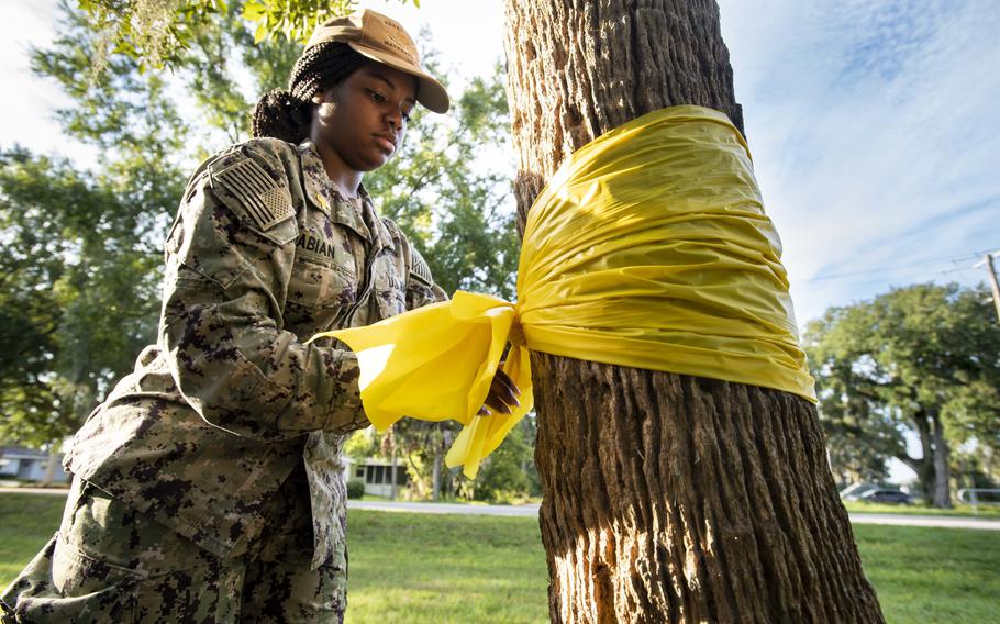 Seaman Jenesis Fabian, assigned to Naval Station Mayport, Fla., ties a yellow ribbon around a tree at Mayport Memorial Park in recognition of Suicide Awareness Month. Participants tied yellow ribbons to represent the 46 active duty Sailors lost to suicide in 2019. 