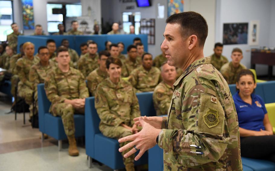 Air Force Col. Jason Allen, vice commander of the 81st Training Wing at Keesler Air Force Base in Mississippi, was given interim command of the wing after Col. William Hunter was relieved as the unit’s commander this week. In this photo from Aug. 25, 2022, Allen delivers remarks during an event at the base. 