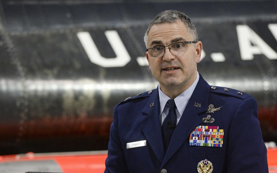 Maj. Gen. William Cooley speaks in April 2019 at the National Museum of the United States Air Force, Wright-Patterson Air Force Base, Ohio. Cooley will be the first Air Force general officer to face court-martial on a sexual assault charge, officials said.
Wesley Farnsworth/U.S. Air Force