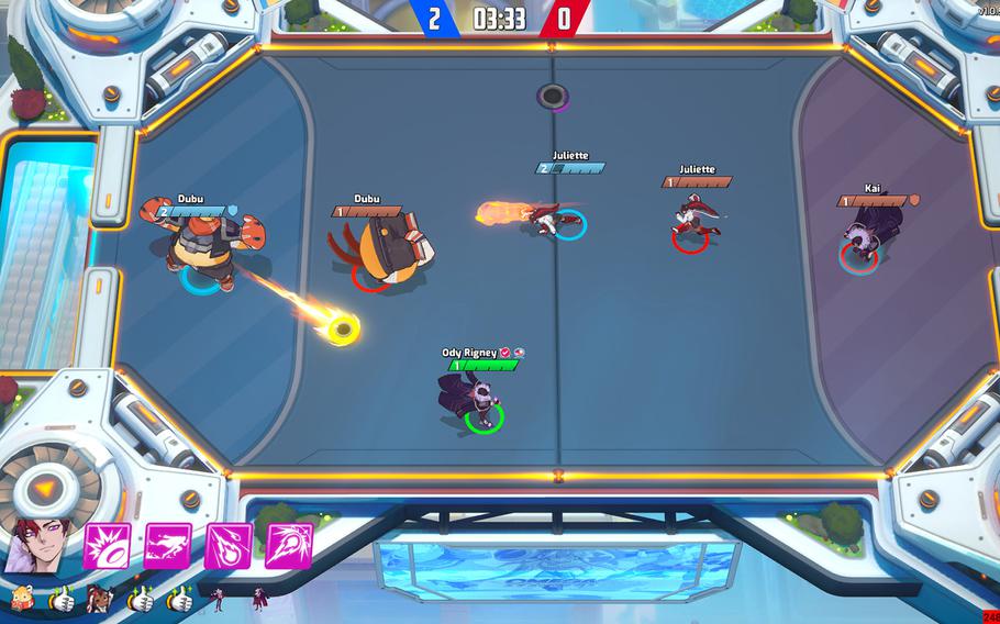 Omega Strikers pits teams of 3 against each other in a game where hitting the pucklike Core into the goal is essential. 
