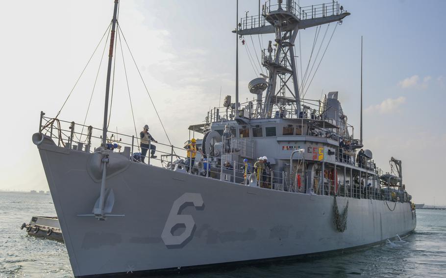 Navy mine countermeasures ship USS Devastator departs Naval Support Activity Bahrain for sea trials Dec. 17, 2023. The ship underwent a seven-month maintenance period, which was completed 18 days ahead of schedule.