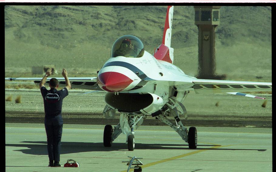 The last practice session for the Air Force Thunderbirds demonstration team before they take their show on the road for their 41st season. There were about 300 friends and family members invited to the show at Nellis Air Force Base on March 12, 1994. 