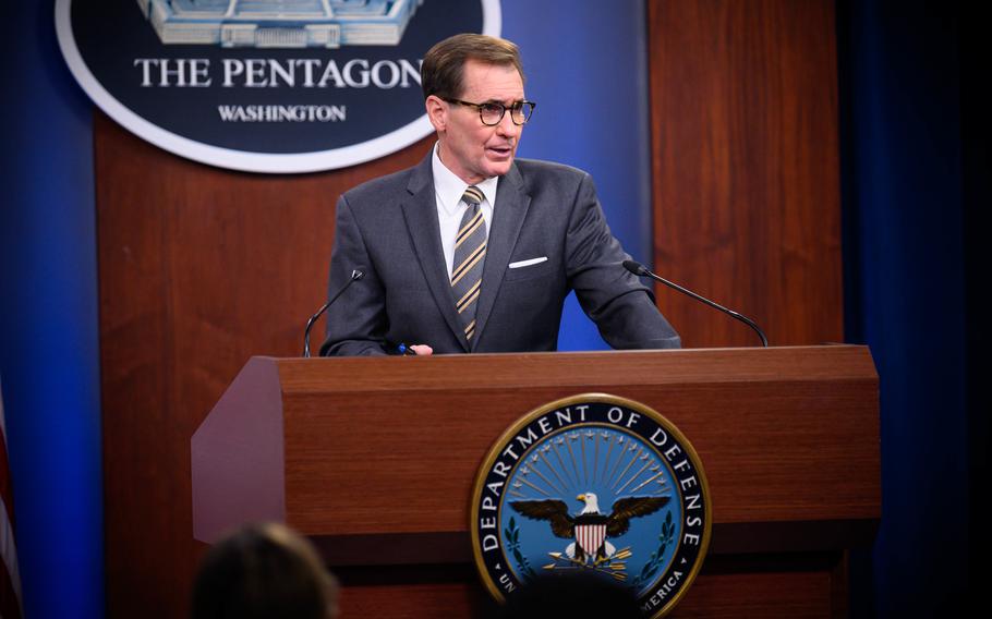 Pentagon Press Secretary John F. Kirby holds a news briefing at the Pentagon on Dec. 6, 2021. 