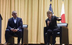 Gilbert Cisneros Jr., undersecretary of defense for personnel and readiness, and Seileen Mullen, acting assistant secretary of defense for health affairs, answer questions about civilians' access to medical care during a town hall at Yokota Air Base, Japan, Monday, Jan. 30, 2023. 