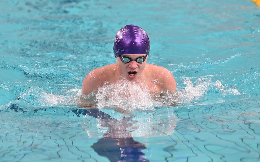 Vilseck-Grafenwoehr Sea Viper Karson Matthey swims the breaststroke leg of the 14-year-old boys 200-meter individual medley during the European Forces Swim League Short-Distance Championships on Feb. 11, 2024, at the Pieter van den Hoogenband Zwemstadion at the Nationaal Zwemcentrum de Tongelreep in Eindhoven, Netherlands.