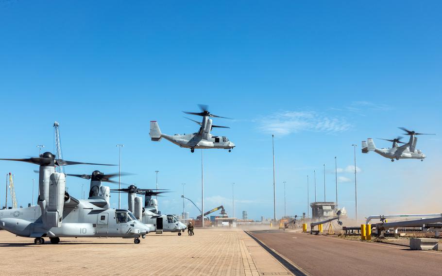 MV-22B Osprey tiltrotor aircraft from Marine Corps Base Hawaii take off from Darwin in Australia's Northern Territory, April 28, 2023.