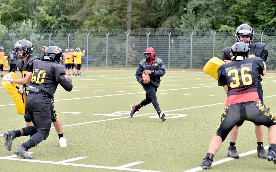 Stuttgart coach Antoine Reed conducts a drill during an Aug. 28, 2023, practice at Stuttgart High School in Boeblingen, Germany. Reed takes over as head coach after leading the JV squad last season.