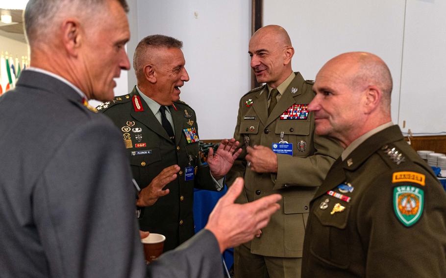 U.S. Army Gen. Christopher G. Cavoli, supreme allied commander Europe, right, talks with Ukraine Defense Contact Group delegates at Ramstein Air Base, Germany, Sept. 8, 2022. Cavoli recently discussed NATO's force structure at a security forum in Sweden.