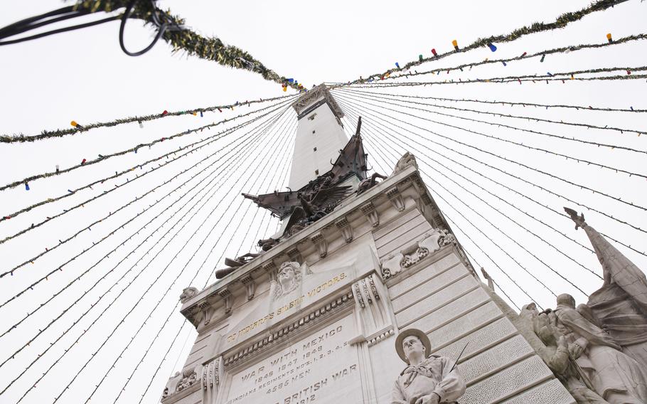 The Soldiers and Sailors Monument stands over Monument Circle in downtown Indianapolis. 