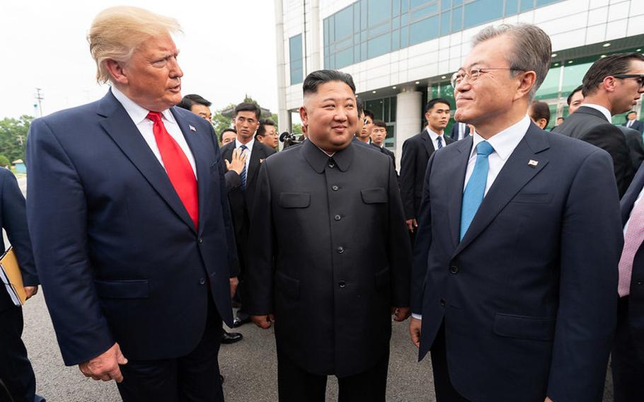 President Donald Trump, North Korean leader Kim Jong Un and South Korean President Moon Jae-in meet at the Joint Security Area of the Demilitarized Zone, June 30, 2019. 