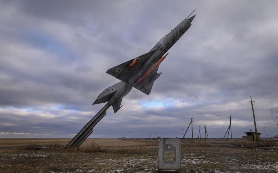 A World War II memorial honoring Soviet forces on the side of a deserted road en route to Crimea in the Henicheskyi region of Kherson Oblast, Ukraine, on Jan. 19, 2022. 