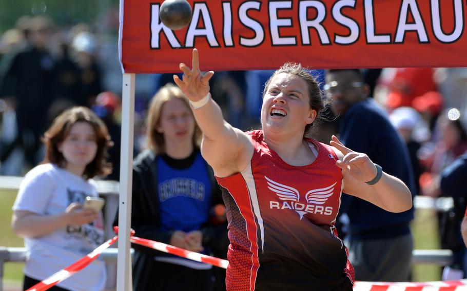 Sage Barnes won the girls shot put competition at the DODEA-Europe track and field championships in Kaiserslautern, Germany, May 19, 2023, with a throw of 33.06.