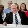 FILE - FedEx CEO Fred Smith appears at a signing ceremony where President Donald Trump signed an Executive Order that establishes a National Council for the American Worker in the East Room of the White House, Thursday, July 19, 2018, in Washington. (AP Photo/Andrew Harnik, File)