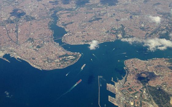 An aerial view of ships passing through the Bospous Strait.