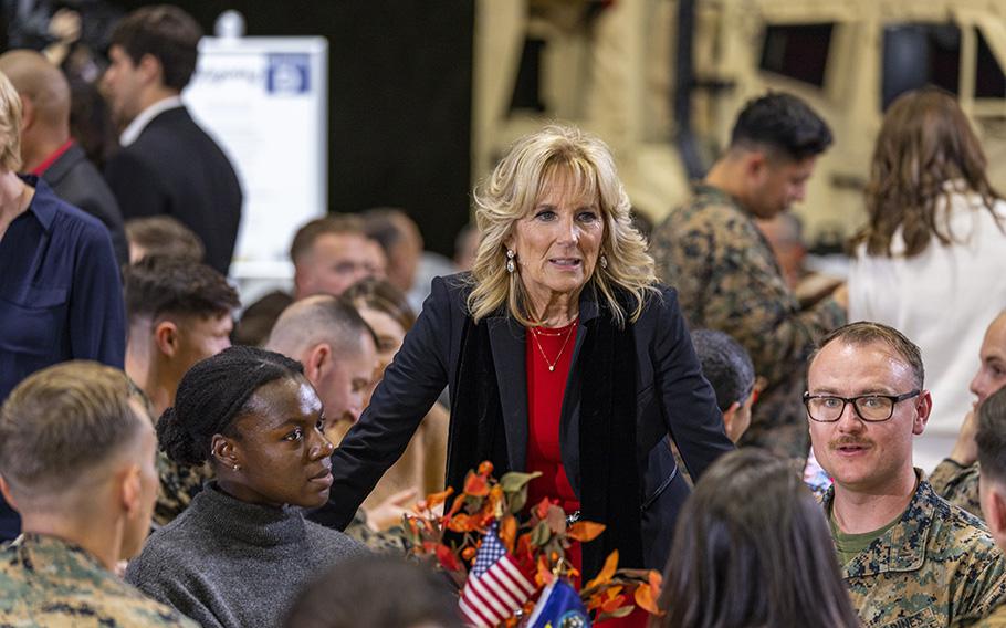 First Lady Jill Biden speaks with guests during a Friendsgiving dinner at Marine Corps Air Station Cherry Point, N.C., on Nov. 21, 2022. According to reports on Wednesday, June 28, 2023, the first lady will speak at a graduation ceremony at Marine Corps Recruit Depot Parris Island in South Carolina on Friday.