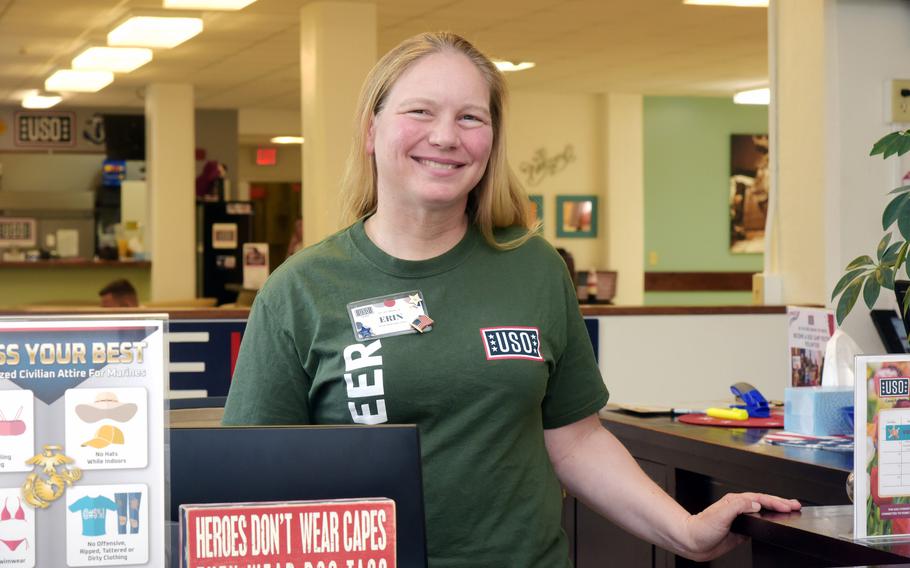 Petty Officer 1st Class Erin Stroup, a master-at-arms assigned to White Beach Naval Facility, Okinawa who volunteers for the USO at Camp Foster, received the President’s Volunteer Service Award, March 31, 2022. 