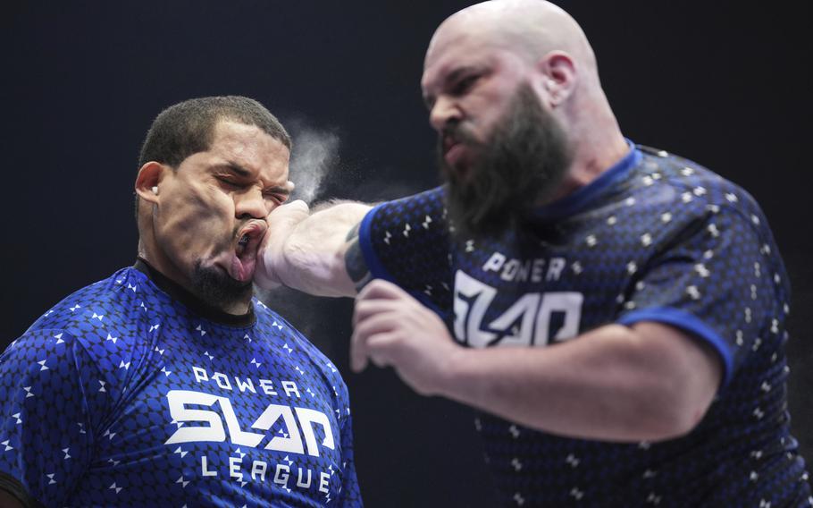 Ryan Phillips slaps Rob Perez at a Power Slap event in Las Vegas, March 31, 2022. When the open-handed blow is delivered, there’s a sharp report and the reaction can be dramatic. Some fighters barely move, while others stumble backward or fall to the floor. Some are knocked out. 