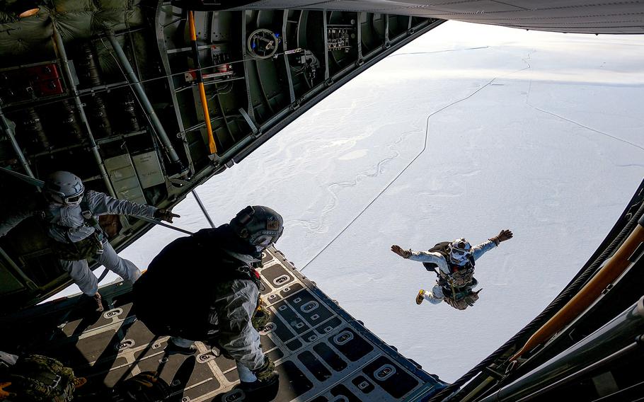 Naval Special Warfare members perform a high-altitude low opening jump during the 2022 Arctic Edge Exercise. Arctic Edge is a U.S. Northern Command biennial defense exercise designed to demonstrate and exercise the ability to rapidly deploy and operate in the Arctic. 