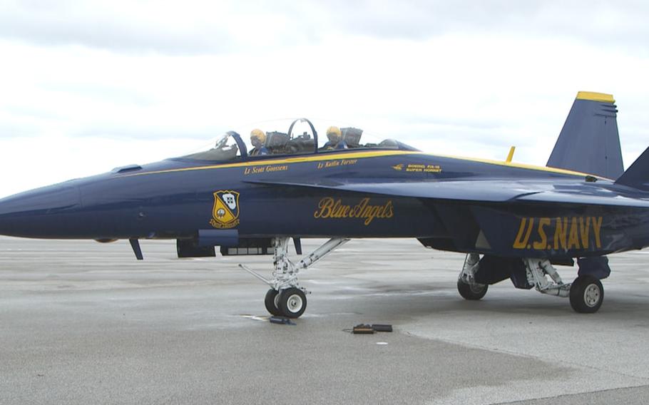 U.S. Navy Blue Angels F/A-18 Super Hornet arrives in Cleveland.