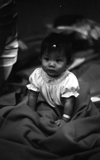An infant partially swaddled in blankets looks out.