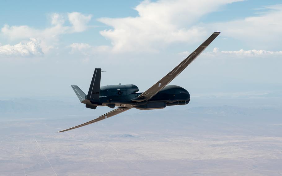 An RQ-4 Global Hawk assigned to the 452nd Flight Test Squadron flies in the skies above Edwards Air Force Base, Calif., May 23, 2023