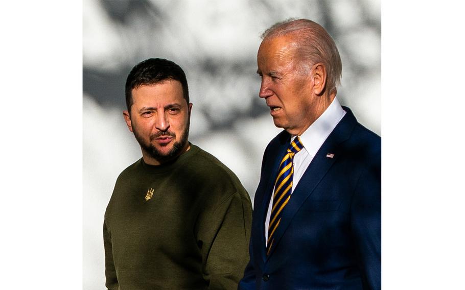 Ukrainian President Volodymyr Zelensky, left, and U.S. President Joe Biden at the White House in Washington, D.C., on Dec. 21, 2022.