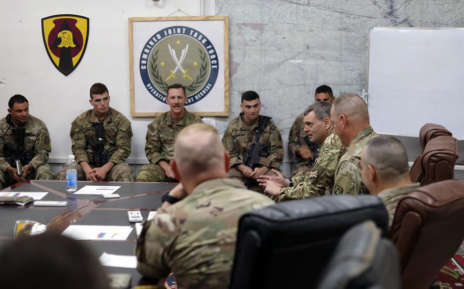 Brig. Gen. Richard Bell, deputy commander of Combined Joint Task Force-Operation Inherent Resolve, visits U.S. service members stationed at Al Asad Air Base in western Iraq on July 24, 2021. Bell met with soldiers and airmen in various critical positions across the base who are supporting the mission to advise, equip and assist the Iraqi Security Forces in the fight against the Islamic State. 