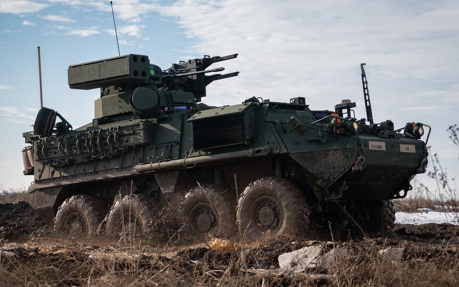 A Maneuver Short-Range Air Defense, or M-SHORAD, system drives through a field at Lest Training Area, Slovakia, Dec. 20, 2023.