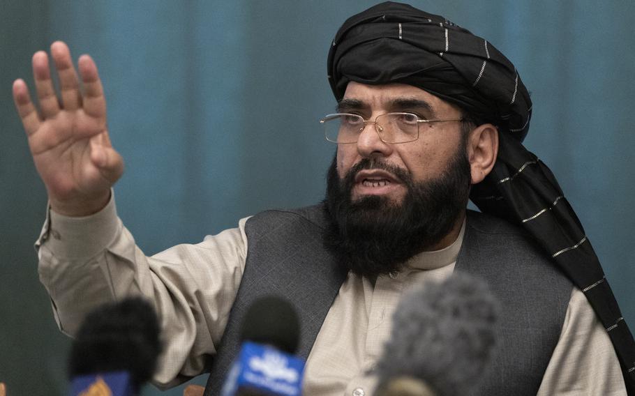 FILE - Suhail Shaheen, Afghan Taliban spokesman speaks during a joint news conference in Moscow, Russia. The Taliban broke its silence Thursday, Aug. 4, 2022, days after a U.S. drone strike killing al-Qaida’s top leader in Afghanistan’s capital, acknowledging his slaying, and pledging to launch an investigation. Shaheen, the head of the group’s political office in Doha, Qatar told the Associated Press in a what’s App message that “The government and the leadership weren’t aware of what is being claimed, nor any trace there. Islamic Emirate of Afghanistan reiterates its commitment to Doha Agreement.”