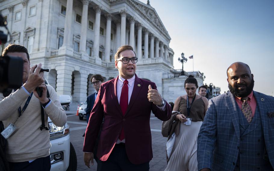 Rep. George Santos (R-N.Y.) speaks to reporters on Capitol Hill in Washington on May 17, 2023. 